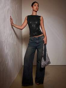 SHEIN BAE Autumn Solid Wine Red Rhinestone Crystal Sleeveless Tight Elegant Ladies' Tank Top, Suitable For Party, Nightclub, Cocktail Party, Banquet, Going Out At Night, Ball, Date, Autumn/Winter Layering - Black - View 3