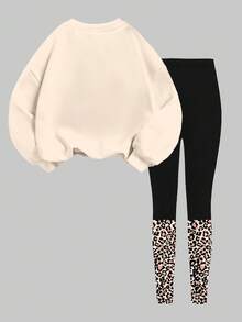 SHEIN 奶油米色女童装，秋日气息，渐变色闪光豹纹心形图案，女童休闲厚款柔软圆领长袖运动衫和紧身裤套装，适合秋冬季，秋季服装，轻松舒适，儿童秋季多层穿搭，时尚童装，休闲装，儿童心形图案服装，返校季，秋季服装，返校节，适合外出，街头风格，居家，派对 - 彩色 - 查看 2