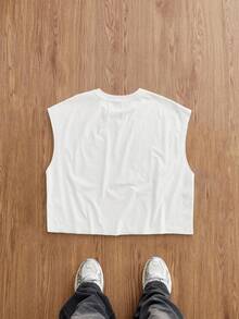 Manfinity Joysei 标准尺码白色休闲宽松短款吊带背心，饰有贝壳、海星和芙蓉花图案，适合夏季户外穿着。 - 白色 - 查看 3