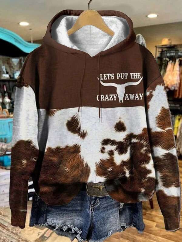 Resyla Women's Plus Size Cow Print Sweatshirt,Brown Winter Casual Country Western Concert Bull-Head Design Retro Hooded Pullover Cozy Tops Fall