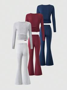 SHEIN Sparklyn Conjunto de 3 piezas de ropa casual y versátil para niñas preadolescentes, con top de manga corta y cuello redondo + pantalones acampanados ajustados de punto, para uso diario y en el hogar, para otoño/invierno - Multicolor - Ver 2