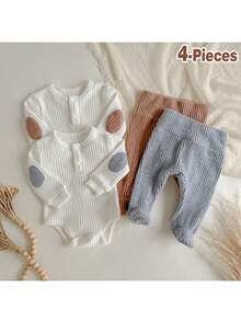 Loomiva 4pcs Newborn Baby Girl Boy Colorblock Knit Soft Crew Neck Long Sleeve Bodysuit & Elastic Waist Pants Set,White,Autumn,Basics,Holiday Twin Clothes - Multicolor - View 3