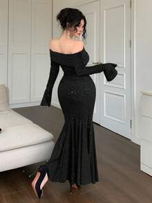 DAZY 优雅亮片露肩鱼尾中长连衣裙，秋季女装 - 黑色 - 查看 2