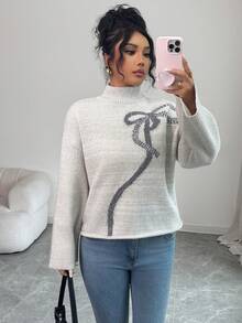 SHEIN Raffinéa Women's Casual Fashion Minimalist Versatile Commuting Loose High Neck Bow Decor Sweater, Autumn/Winter - Light Grey - View 7