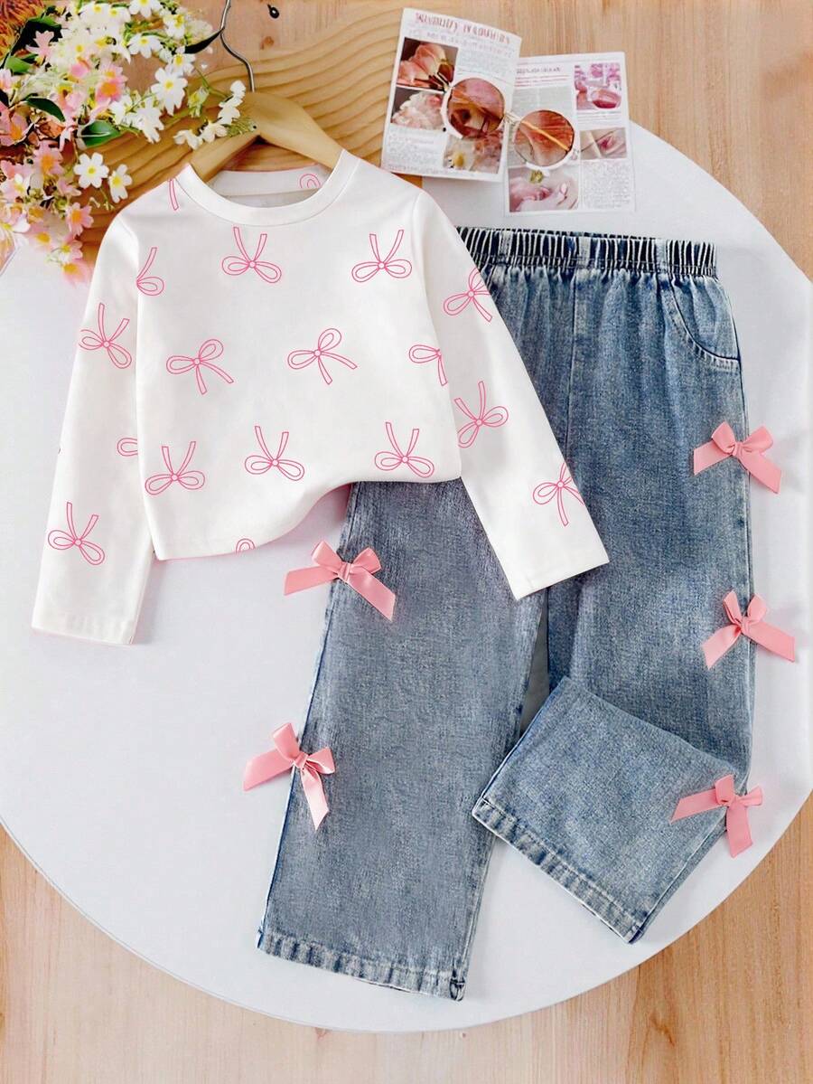 女孩休闲可爱圆领插肩袖宽松短款蝴蝶印花 T 恤和松紧腰直筒宽松牛仔裤，3D 蝴蝶结设计，适合所有季节，适合返校装 - 白色 - 查看 1