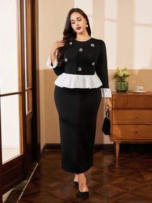 Auvina Plus Size Contrast Color Round Neck Long Sleeve Top And Fitted Skirt 2 Pieces Set - Black - View 7