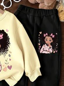 SHEIN 2 件套年轻女孩宽松休闲简约厚圆领运动衫套装，适合秋冬季 - 杏色 - 查看 4