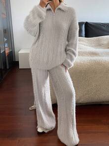 Livesso 女士优雅两件套：宽松针织毛衣，立领设计，搭配直筒休闲裤，毛绒质感，商务休闲风格，适合秋季、冬季、新年和圣诞节穿着。 - 杏色 - 查看 3