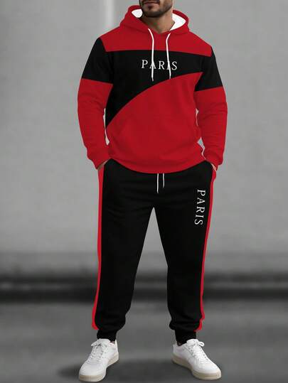 Manfinity Homme 加大码男士休闲连帽衫套装，撞色条纹印花抽绳连帽衫和裤子两件套，舒适休闲连帽衫套装，秋冬季