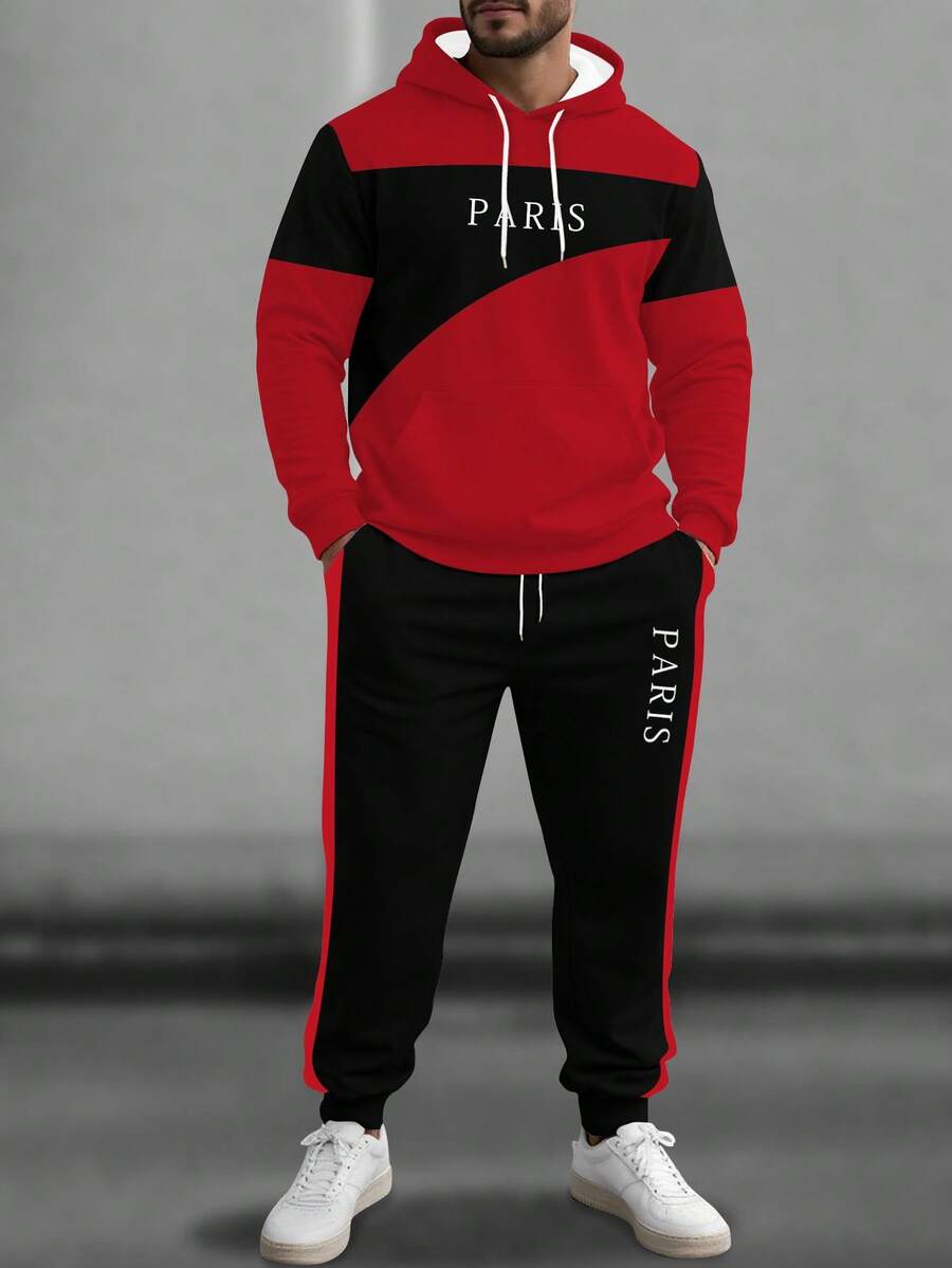 Manfinity Homme 加大码男士休闲连帽衫套装,撞色条纹印花抽绳连帽衫和裤子两件套,舒适休闲连帽衫套装,秋冬季 - 彩色 - 查看 1