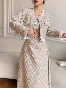 Modelyn 女士优雅连衣裙及荷叶边外套两件套 - 卡其色 - 查看 5