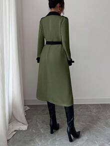 Elenzga 女士撞色领设计双排扣收腰优雅休闲通勤时尚法式百搭商务度假风衣，奶油白与杏色拼接，长袖，秋冬款 - 軍綠色 - 查看 2