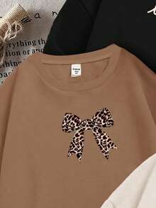 SHEIN Leap Crew 3件套复古奶油白、黑色、卡其色豹纹爱心、豹纹蝴蝶结、字母图案少女休闲宽松圆领舒适长袖卫衣，适合秋冬季穿着 - 彩色 - 查看 3