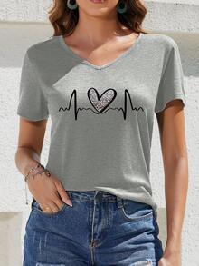 INAWLY Women's Casual V-Neck Short Sleeve Heart Pattern Versatile T-Shirt - Light Grey - View 3