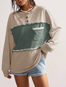 Bohemela Casual Knit Patchwork Half-Placket Long Sleeve Loose Washed Women Top - Multicolor - View 4