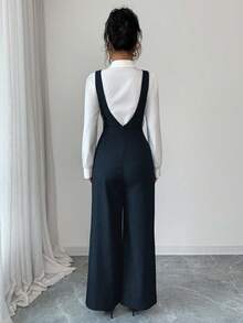 Selianne Ținută elegantă de profesoară pentru femei, din material gros, cu decolteu adânc în V, de culoare neagră, potrivită pentru Ziua Independenței, Cyber Monday, Halloween, Festivalul de cumpărături din 11 noiembrie, petrecerea de întoarcere la școală, petrecerea pentru celibatari, sărbători, Ajunul Crăciunului, Crăciun, Ziua Recunoștinței, Diwali, călătorii, la locul de muncă, salopetă de toamnă - Albastru marin - Vizualizare 2