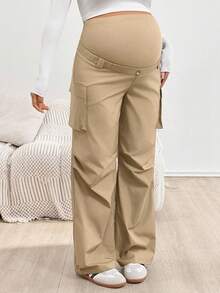 SHEIN 孕妇纯色翻盖口袋直筒工装裤