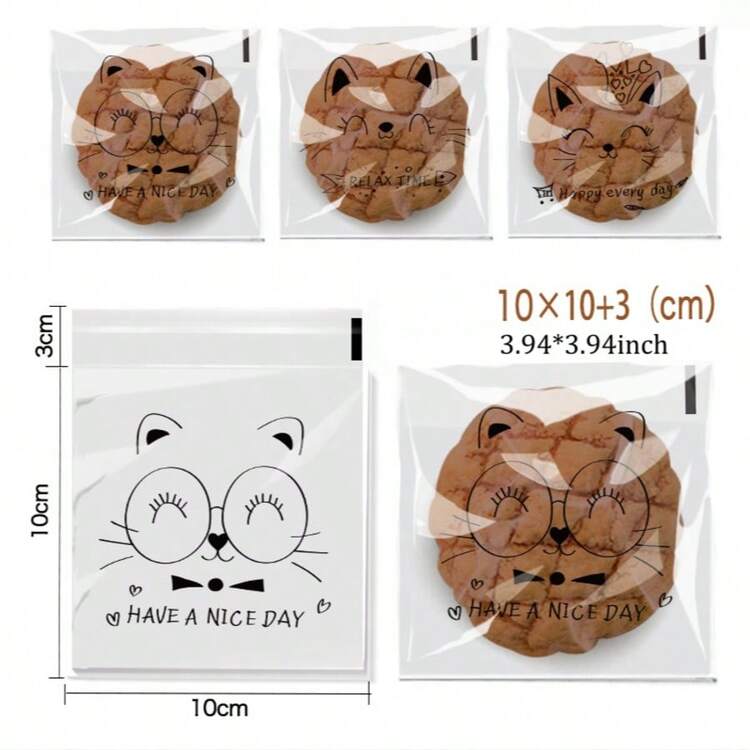 100/200pcs, Cute Cartoon Transparent Self-Adhesive Bread Bag, Bean Paste Pineapple Bag, Baked Sliced Toast, Whole Wheat Bread Self Sealing Packaging, Biscuit Bag, Candy Self-Adhesive Packaging Bag, Suitable For DIY Baking Decoration Of Bread - Cat 3 in 1 - View 6