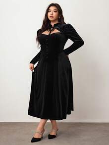 Enliva 加大码丝绒羊腿袖连衣裙，立领，蝴蝶结，秋冬/圣诞节女士优雅派对礼服，适合圆润身材，苹果型身材亦可驾驭，情人节、爱情、礼物、浪漫、情人节快乐、2026、新年装扮/2026/新年 - 黑色 - 查看 4