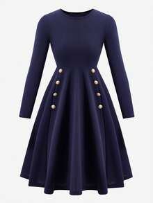 SHEIN Explorewe 少女优雅通勤女士圆领针织修身长袖金色纽扣A字连衣裙 - 藍色 - 查看 4