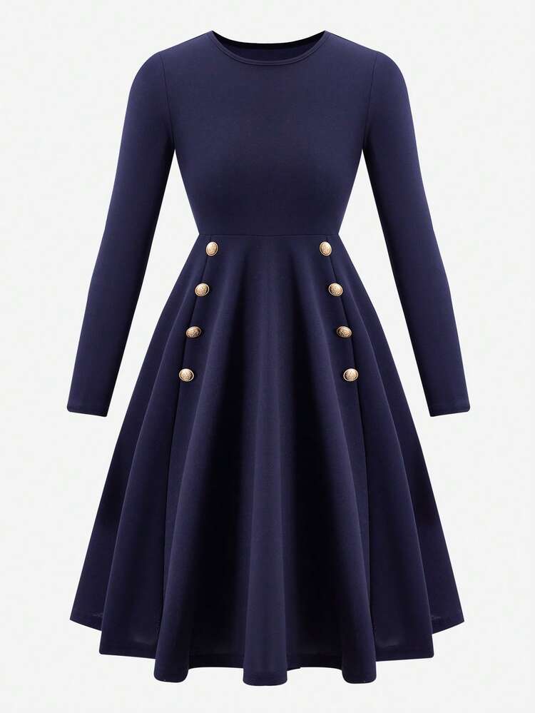 SHEIN Explorewe Tween Girls Elegant Commuter Lady Round Neck Knit Fitted Long Sleeve Gold Button A-Line Dress - Blue - View 4