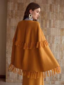 MOTF PREMIUM FRINGED SHAWL CAPE CARDIGAN - Mustard Yellow - View 8