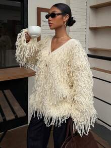 Ritzy Row Women's Casual V-Neck Metal Button Elegant Tassel Drop Shoulder Cardigan Sweater Fringe Cardigan Women Knitted Fringe Sweater Fringe Tops Fringe Clothing Women Summer Sweaters For Women - Beige - View 3