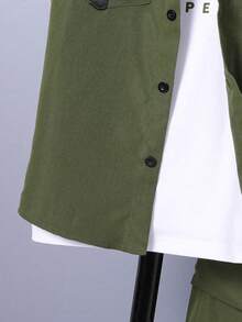 SHEIN Vacaura 3 件套青少年男孩休闲装：领背心、短袖 T 恤和口袋工装裤，春夏 - 軍綠色 - 查看 5