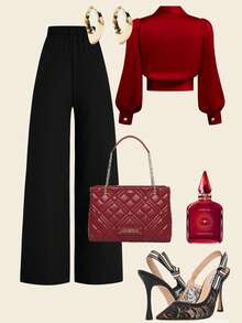 DreamSkyne Bộ 2 món quần ống đứng cổ chữ V buộc dây thiết kế mới mùa xuân và thu dành cho nữ cỡ lớn - Màu Đỏ Sâu - Xem 2