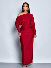 SOLERSUN Đầm ôm body tay dài cổ lệch thanh lịch dành cho nữ, thích hợp cho tiệc Giáng sinh, nghỉ dưỡng và hẹn hò - Màu Đỏ Sâu - Xem 4