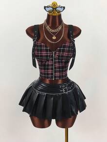 Amplova Plus Size Women Plaid Low-Cut Punk Street Style Adjustable Strap Front Zipper Crop Top - Multicolor - View 3