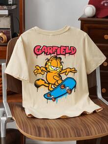 GARFIELD | SHEIN T-shirt à manches courtes d'été pour garçon pré-adolescent, imprimé de chat de bande dessinée et de lettres, casual