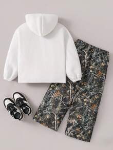2pcs BASICS Tween Girl White Autumn Cow Boy School Back-To-School Printed Hoodie And Straight Loose Fit Sweatpants Knit Tracksuit Set For Everyday - Multicolor - View 2