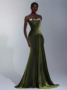 Elitara Elegant Military Green Velvet Bustier Dress,Luxurious Patchwork,Draped Neckline,Ruched Waist,Flounce Hem,Suitable For Dates,Weddings,Formal Occasions - Army Green - View 6