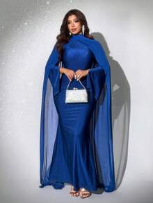 Viva Relle Robe de fête longue à manches longues, col châle, ajustée avec ourlet queue de poisson, pour femmes grande taille. Robe de soirée élégante pour femmes, robe de cérémonie, robe de fête pour femmes. - bleu indigo - Voir 4