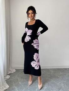 Elenzga Square Neck Jacquard Knit Bodycon Waist Sweater Dress - Baby Pink - View 5