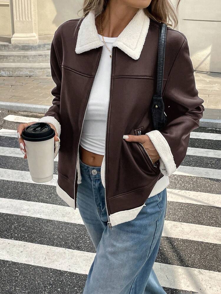Serisse Jaqueta de Couro PU com Zíper e Gola de Borg, Moda Outono Feminina - Castanho - Visão 1