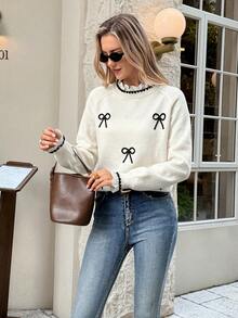 Serisse 女士休闲蝴蝶结装饰插肩袖蕾丝领口毛衣，长袖毛衣，宽松圆领3D蝴蝶结休闲毛衣，秋冬休闲圆领钩针贝壳装饰撞色滚边毛衣，适合秋冬季节，女士外出，时尚毛衣，秋季女装，新年，派对，毕业典礼，休闲，舞会，外出上衣，冬季休闲，四季皆宜，新年服装 - 彩色 - 查看 5