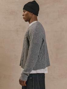 Musero Crew Neck Long Sleeve Cropped Multi Patch Pattern Cable Knit Style Jumper Sweater Autumn Winter Essentials - Light Grey - View 3