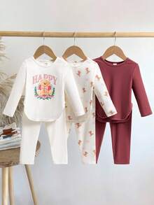 SHEIN 3件套可爱舒适休闲卡通熊针织罗纹T恤套装，适合女婴，秋冬季 - 彩色 - 查看 1