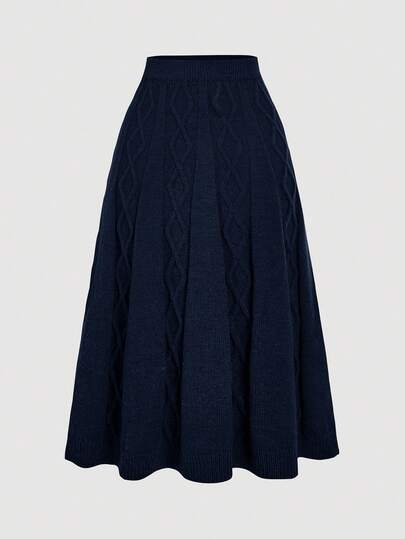 SHEIN MOD 高腰麻花针织藏蓝色半身裙，秋冬季百搭单品