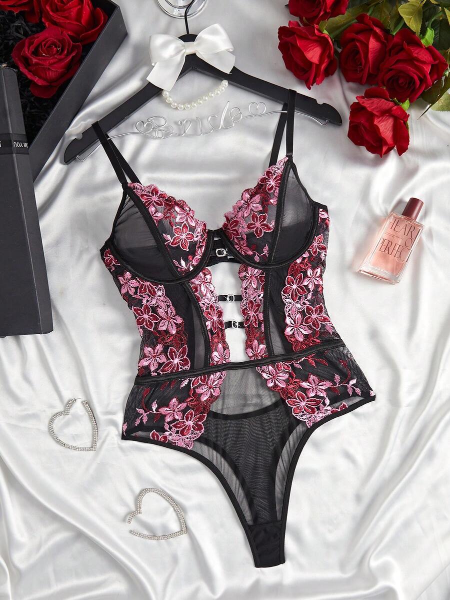 1pc Women's Sexy Lingerie Floral Embroidery Mesh Bodysuit