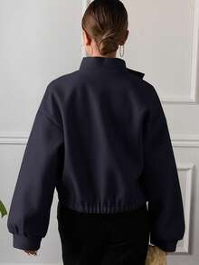 DAZY 女士休闲纯色翻领口袋短款外套，秋冬款 - 藏蓝色 - 查看 2