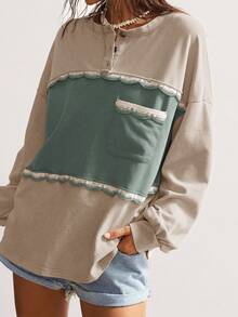 Bohemela Casual Knit Patchwork Half-Placket Long Sleeve Loose Washed Women Top - Multicolor - View 1