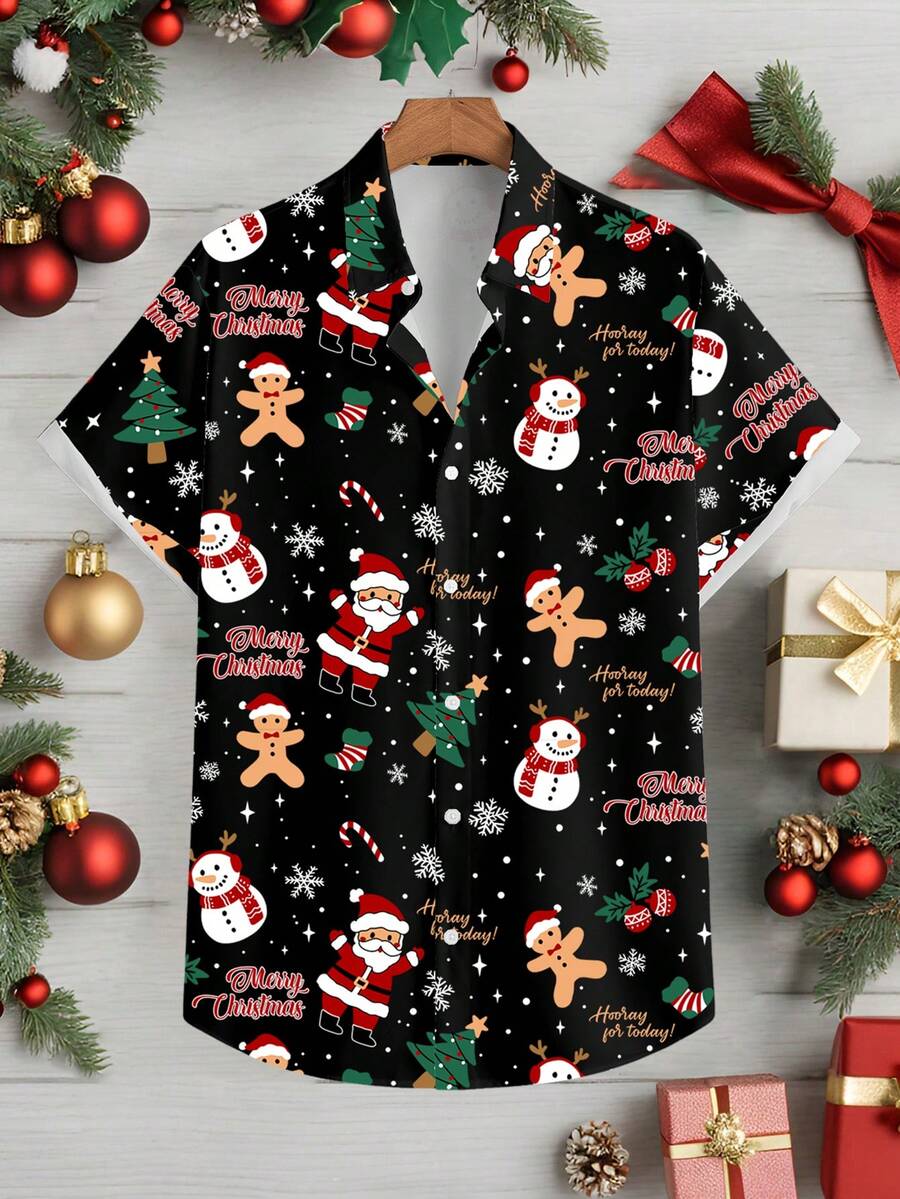 Manfinity Homme Manfinity Men's Christmas Slogan & Snowman Print Round Neck Short Sleeve Casual Shirt - Multicolor - View 1