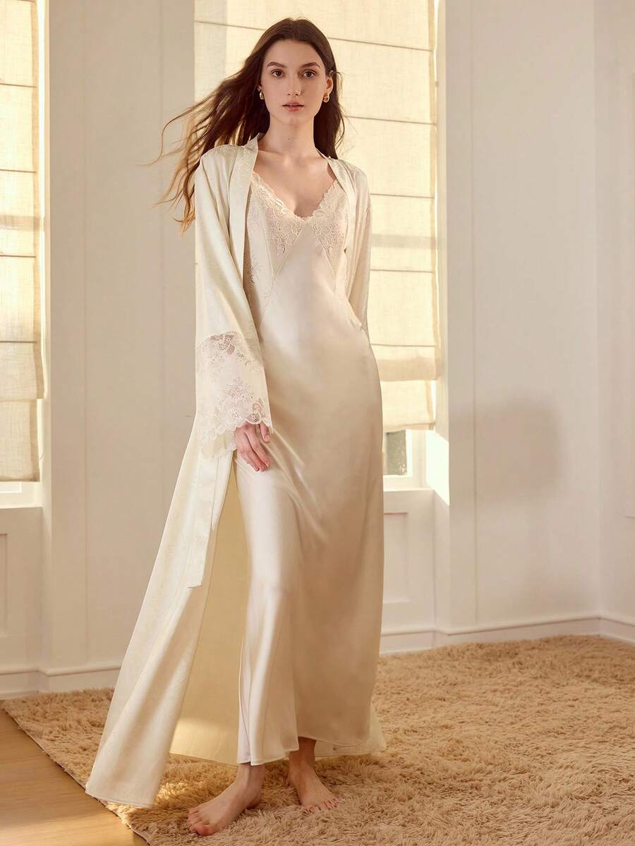 MOTF PREMIUM JACQUARD SATIN PATCHWORK LACE ELEGANT BELTED ROBE & MERMAID HEM SLIP SLEEP DRESS PAJAMA SET - Apricot - View 1