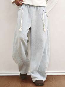 TOKVUE Men's Fashion Rope Detail Curved Blade Wide Leg Pants, Men's Trousers, Men's Casual Pants, American Street Style Loose Flared Long Pants, Loose Curved Blade Pants, Men's Trousers, Men's Wide Leg Pants, Halloween Gift, Christmas Gift, Super Loose Leg Flattering, Gift For Boyfriend, Light Grey Pants, Autumn - Light Grey - View 3