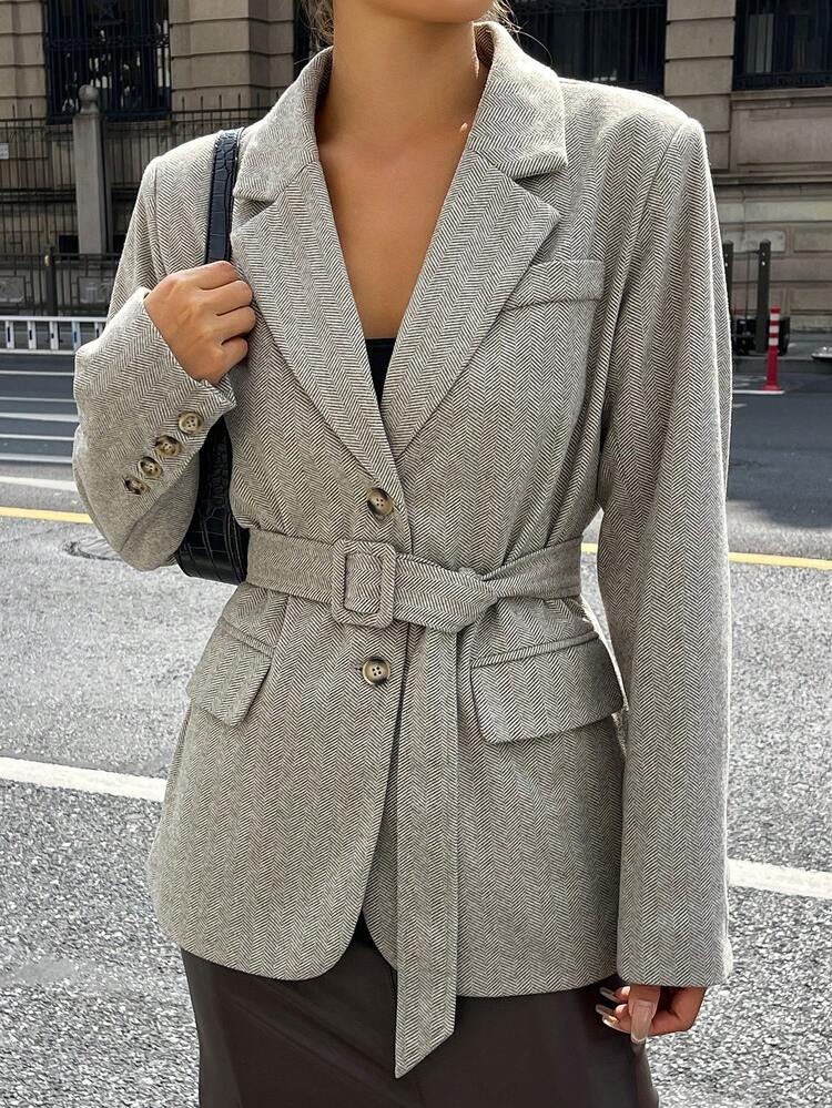 Women's Casual Herringbone Pocket Belt Blazer Jacket, Autumn Business Attire