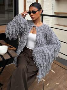 Ritzy Row 女士休闲圆领流苏针织开衫毛衣流苏灰色开衫 - 深灰色 - 查看 3