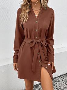 SHEIN LUNE 女士休闲纯色前开襟纽扣连衣裙，秋季款 - 咖啡棕 - 查看 3